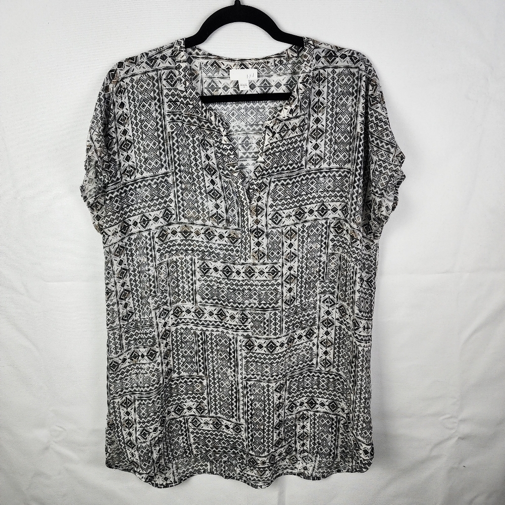 J. Jill Top Shirt Blouse Size M Women's Button Down Sheer Aztec Print Loose Fit